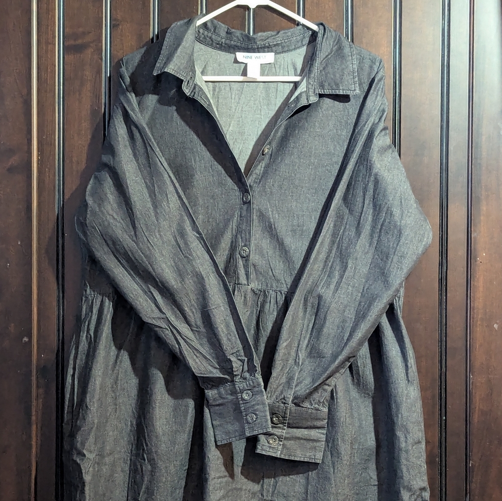 Nine West XL Dark Wash Denim Button Front Long Sleeve Dress W/ Pockets Cowgirl